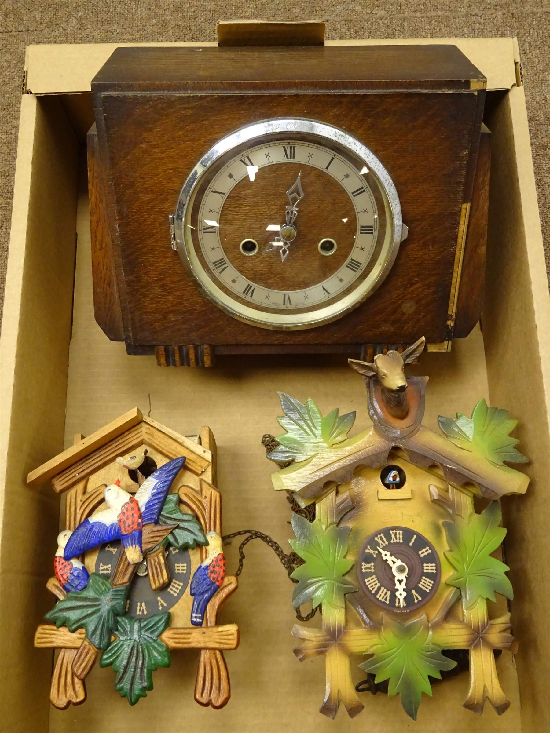 Jupiter 31 day mantel clock, Art Deco oak cased mantel clock with twin