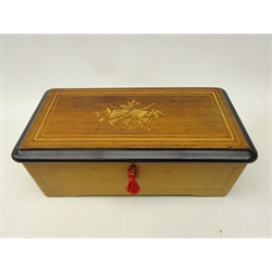  19th Century musical box with comb and cylinder movement the case with hinged inlaid rosewood lid and ebonised border, L35cm   