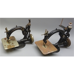  19th century Wilcox & Gibbs Sewing machine with cast iron C shaped frame, another similar with curved frame, both with chromed  platform, L27cm, H22cm     