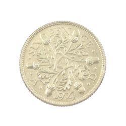 King George V 1927 proof coin set, comprising threepence, sixpence, one shilling, florin, halfcrown and 'wreath' crown, cased