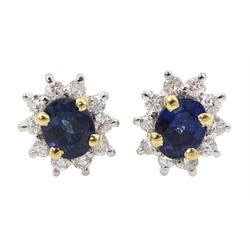 Pair of 14ct white and yellow gold sapphire and diamond cluster stud earrings by Hugh Rice, Sheffield 2000, boxed