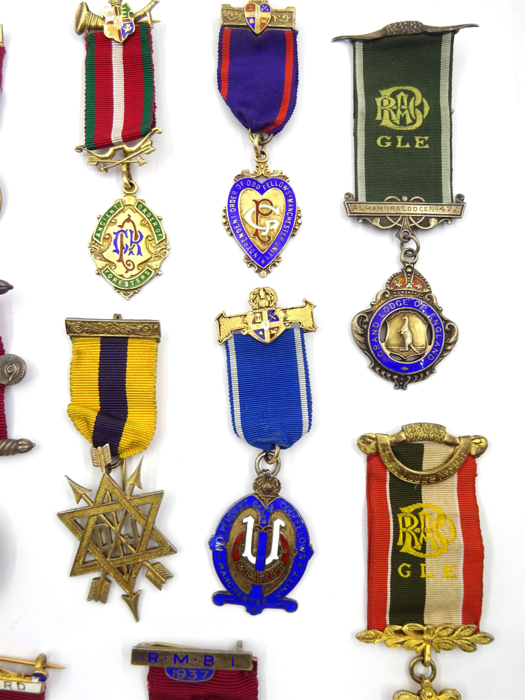 Thirteen Masonic and similar jewels / medals, mostly hallmarked including Royal Antediluvian Order of Buffalos jewel presented to 'Bro. D. WA. Gardiner. C.P. for services as Secretary1961-62', RMBI 1937 jewel etc (13)