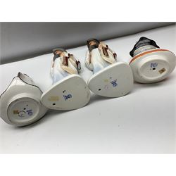 Group of eleven Aquincum of Budapest figures, comprising two of a man in a feather hat, seven dwarves, man and woman in traditional dress, all with printed marks beneath