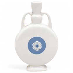 Pate sur pate two handled pilgrim flask modelled by Eric Owen with cherubs on a blue circular panel , white rose to the reverse, inscribed and dated 1956 H20cm