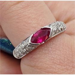18ct white gold marquise shaped ruby ring, with pave set diamond shoulders, stamped 750
