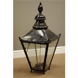  20th century black painted copper lantern, recently refurbished gas fittings, by repute from a London Park, H92cm  