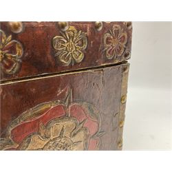 20th century box, decorated in faux leather with the royal coat of arms and GR 1719 to hinged cover, with fleur-de-lis, lion, crown and rose motifs throughout and studs to all edges, opening to reveal a purple velvet interior containing three removable wooden trays, H18.5cm