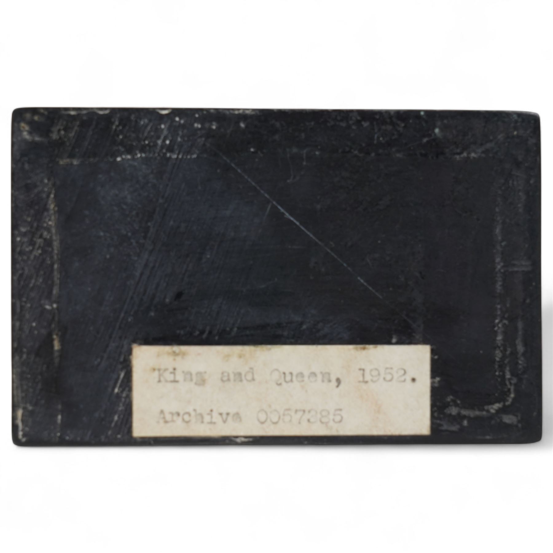 After Henry Moore (British 1898-1986): 'King and Queen', plaster maquette sculpture, base marked with affixed catalogue label inscribed 'King and Queen: 1952 Archive 0067285', W11cm H8cm
Notes: likely head studies for the large 'King and Queen' sculpture