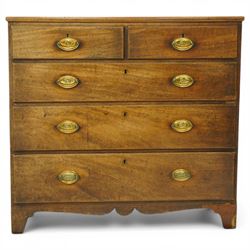George III mahogany straight-front chest, fitted with two short over three long graduating drawers, each fitted with original pressed brass handle plates, shaped apron over bracket feet