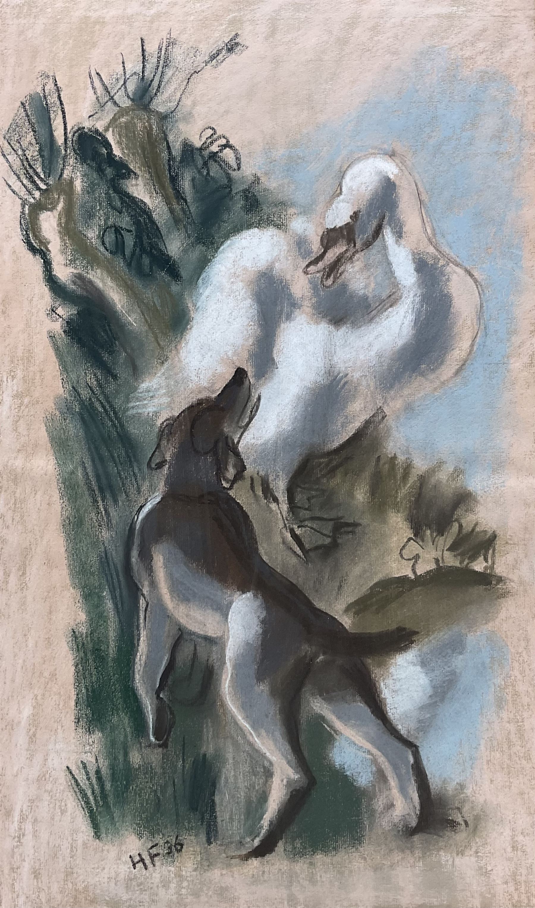 Hans Feibusch (German 1898-1998): 'Dog and Goose Sketch', pastel signed and dated '36, 57cm x 34cm 