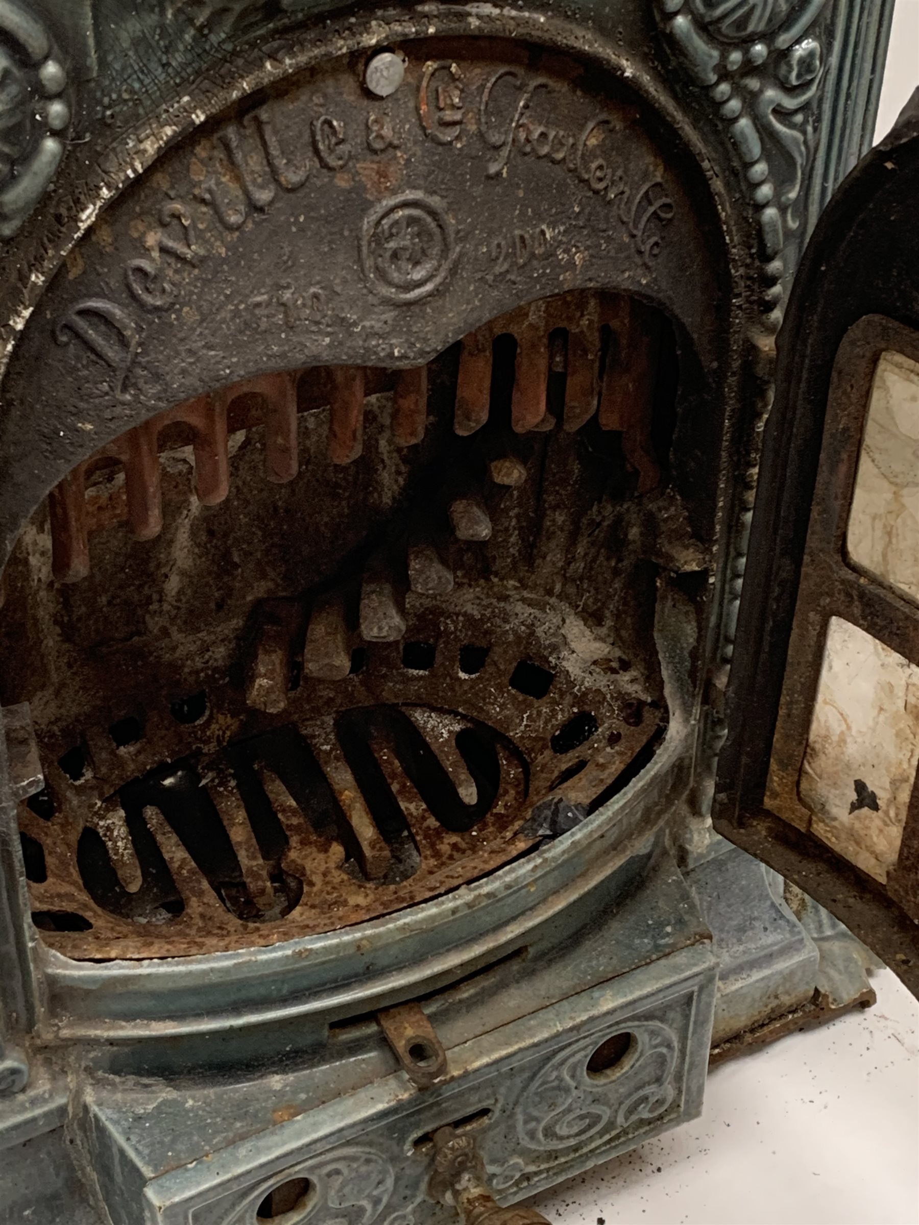 Deville & Co - French Art Nouveau period blue enamel stove, decorated with floral scrolls and flower heads, shell heath, W69cm, H78cm