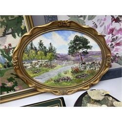 'Gateway to the Moors North Yorkshire' oval oil on board signed by Valerie Barnaby, framed needlework, Leonardo Collection figure group, dressing table set, lamps etc
