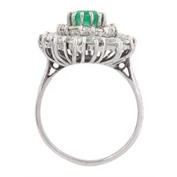 18ct white gold octagonal cut emerald, round brilliant and marquise cut diamond cluster ring, emerald approx 1.95 carat, total diamond weight approx 2.65 carat