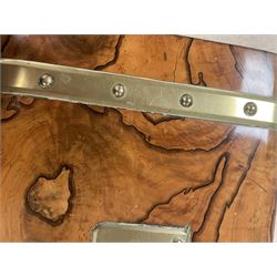 19th century walnut and brass bound games compendium box, painted to enhance the grain, of rectangular form, the hinged opening cover with rounded sides, central brass cartouche with engraved lion crest, and brass riveted straps, opening to reveal a red leather and blue silk lined compartmented interior, with fold-down games board, and lift-out tray containing playing cards, ebony turned dice towers, white and red stained bone draughts, and chess pieces, ivory dice, and ivory and ebony whist markers, and brass bezique board, cribbage board and markers, H15cm W32cm D24cm
This lot has been registered for sale under Section 10 of the APHA Ivory Act