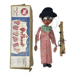 Pelham Puppet - a rare type SM Harlequin circa 1950s with painted black face mask, black felt hat, green ruff and red white chequered suit, H31cm; in original box with instructions 