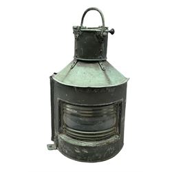 20th century Alderson & Gyde Ltd copper ship lantern, with swing handle and a plaque inscribed Bow Port Patt 23 and ribbed clear glass shade