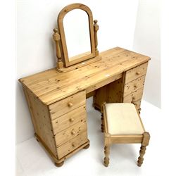 Solid pine twin pedestal dressing table, eight drawers, turned supports (W127cm, H77cm, D49cm) with swing mirror and stool (3)