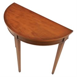 Georgian design yew wood demi-lune console table, sting inlaid with shell motifs