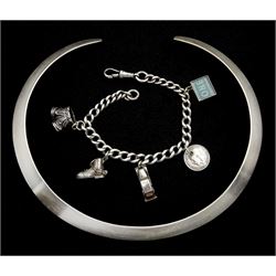 Silver torque necklace and a silver charm bracelet, charms including shoe house, money, shorts and car