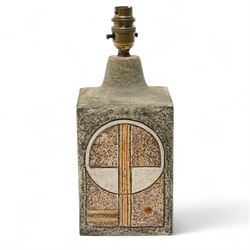 Alison Brigden (AB) for Troika, 1977-83, Square lamp base with incised geometric decoration H23cm excluding fitting