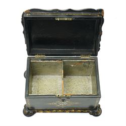 Victorian papier mache tea caddy inlaid with mother of pearl and gilt on compressed bun feet W20cm