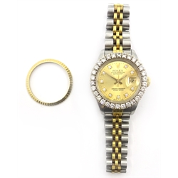  Ladies Rolex Oyster perpetual datejust wristwatch, bi-metal 18ct gold and steel with diamond dial and customised diamond bezel,  plus original bezel ref 79173  