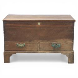 19th century oak mule chest, with lidded top above two short drawers, raised on bracket feet