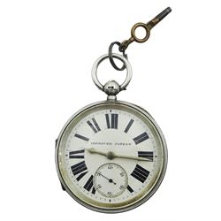 Victorian silver open face fusee lever pocket watch by E. Wise, Manchester, No. 18668, white enamel dial with Roman numerals and subsidiary seconds dial, case by Jesse Hallam, Chester 1897