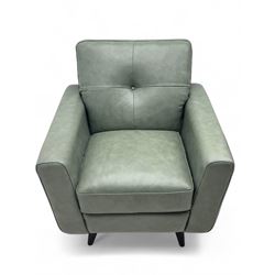 DFS - contemporary 'Camper' two seat sofa, upholstered in French grey leather with button back detailing, on splayed supports (W144cm, D84cm, H76cm); matching armchair (W90cm, D84cm, H76cm)