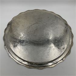 Early/mid 20th century Persian silver tea service, comprising circular serving tray, teapot, twin handled sucrier and cover, milk jug, five tea glasses with six silver holders, six tea spoons, and pair of sugar tongs, each profusely chased with foliate arabesque decoration, each bearing marks including 84 for 840 fineness, tray D40cm, teapot H16cm
