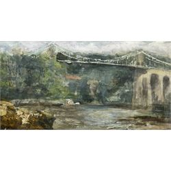 British Contemporary: Menai Suspension Bridge Anglesey, watercolour with scratching out indistinctly signed and dated '99, 44cm x 85cm