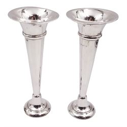 Pair of modern silver trumpet vases, each with fluted rim, upon tapering stem and slightly domed weighted circular foot, hallmarked Charles S Green & Co Ltd, Birmingham 1971, H20cm