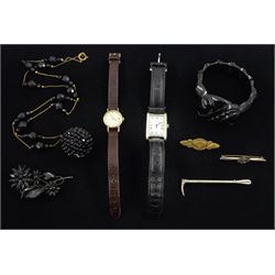 Omega Ladymatic 9ct gold manual wind wristwatch, London 1975, on leather strap, Victorian gold diamond brooch, stamped 9ct, Victorian Whitby jet bracelet, black glass brooch, silver brooches, bead necklace and a Rotary Savannah wristwatch 
