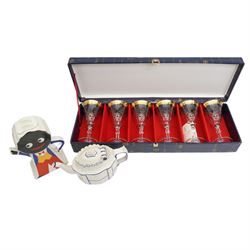 Set of six Alfa Omega wine glasses, boxed, Golly teapot and a Castleford design teapot