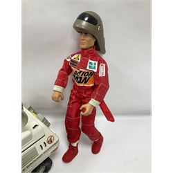 Manta Force Red Venom 1987 Bluebird Toys PLC toy plane with associated figures, with three more toy vehicles and figures comprising Lanard 1996 S.T.A.R Force Mobile Ground Support truck, Hasbro 2000 Action Man motorbike with side car, Sindy moped 