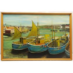 J H Morton (British mid 20th century): Keel Boats Whitby, oil on board signed 60cm x 90cm