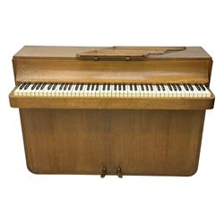 Louis Zwicki - mid-20th century oak cased compact piano, fitted with a folding music rest and full keyboard, dual brass pedals