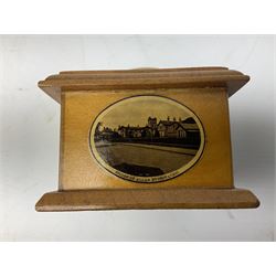 Collection of Mauchlin Ware to include watch holder decorated with a scene of the Royal Hotel Hayling, casket shaped box with a scene of Weymouth, box with Lowestoft scenes, two other examples and two more similar