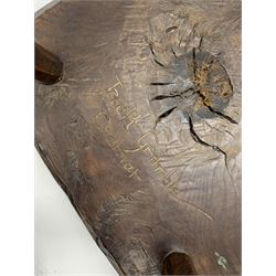 Collection of three mid 20th century stools by Jack Grimble of Cromer - rectangular tooled oak seat on four splayed supports (38cm x 31cm, H35cm), circular tooled burr oak seat on three supports (D29cm, H35cm), shaped burr top on three supports (L44cm, H45cm), each signed underneath