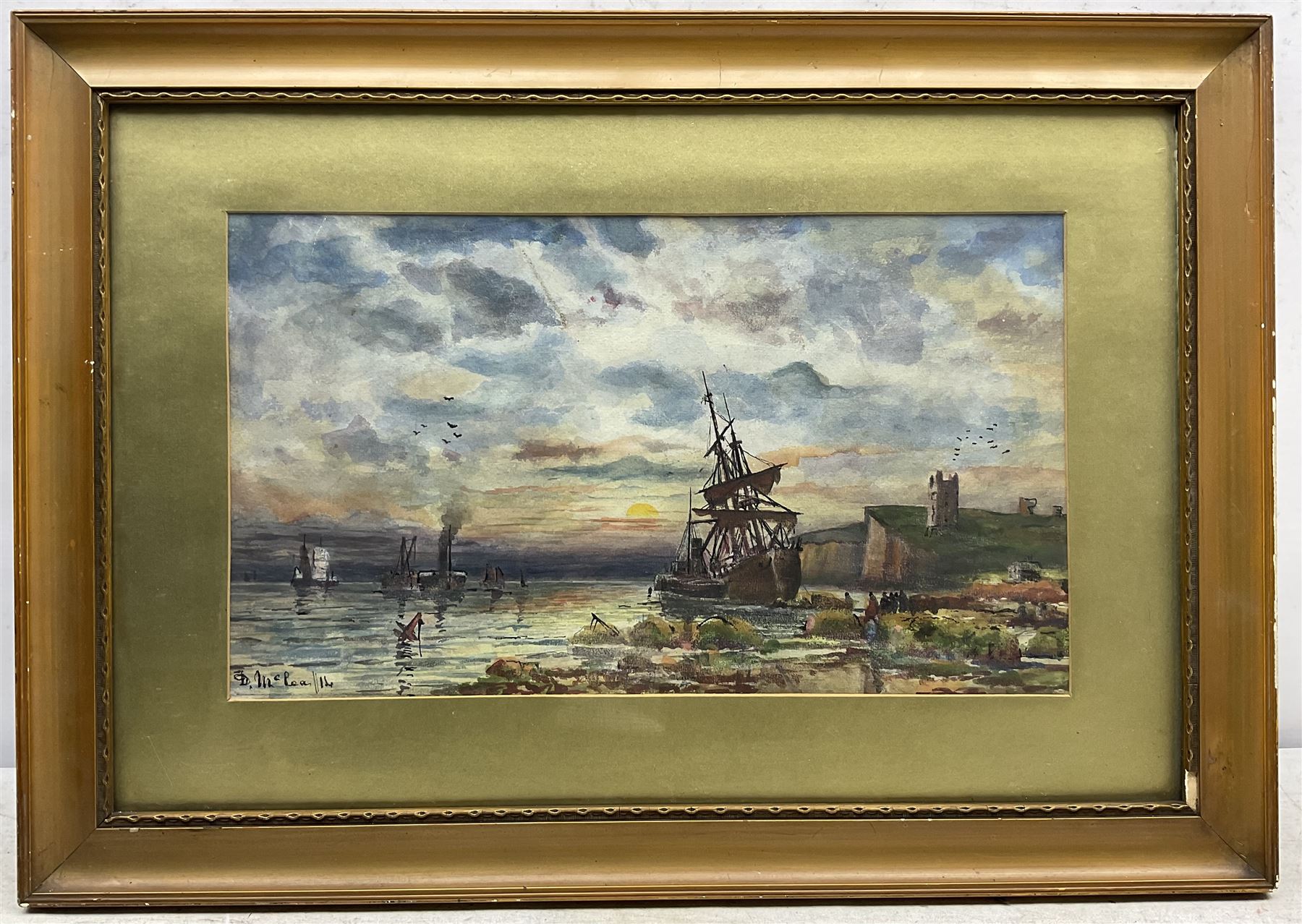 Duncan Fraser Mclea (British 1841-1916): Vessels in Shallow Waters off the North East Coast, watercolour signed and dated '14, 23cm x 39cm