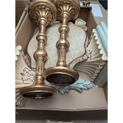 Pair of modern candlesticks in gilt finish, Chinese wooden waste paper basket, box of cutlery and other collectables
