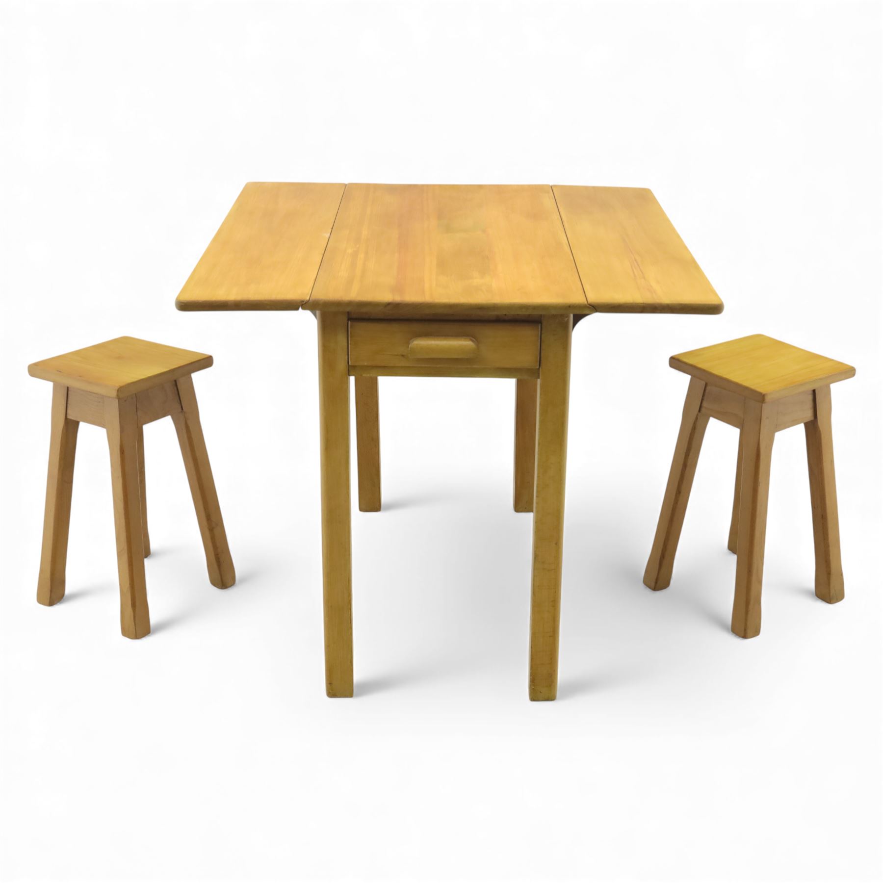 Late 20th century pine kitchen table and two stools, the rectangular drop-leaf table with straight legs, together with two square-topped stools 