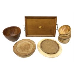 Wooden gallery tray with brass handles and shell decoration to the centre, together with six wooden bowls and other wooden items