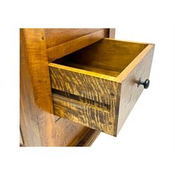 Pair of hardwood bedside chests, square tops with moulded edge, each fitted with three drawers flanked by square pilasters, raised on bun feet