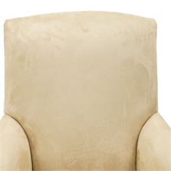 Sofas & Stuff - pair of ‘Thistle’ armchairs upholstered in neutral fabric, each with gently sloping back, padded scroll arms with close-set stud detailing, loose seat cushions, raised on turned wooden legs with brass castors