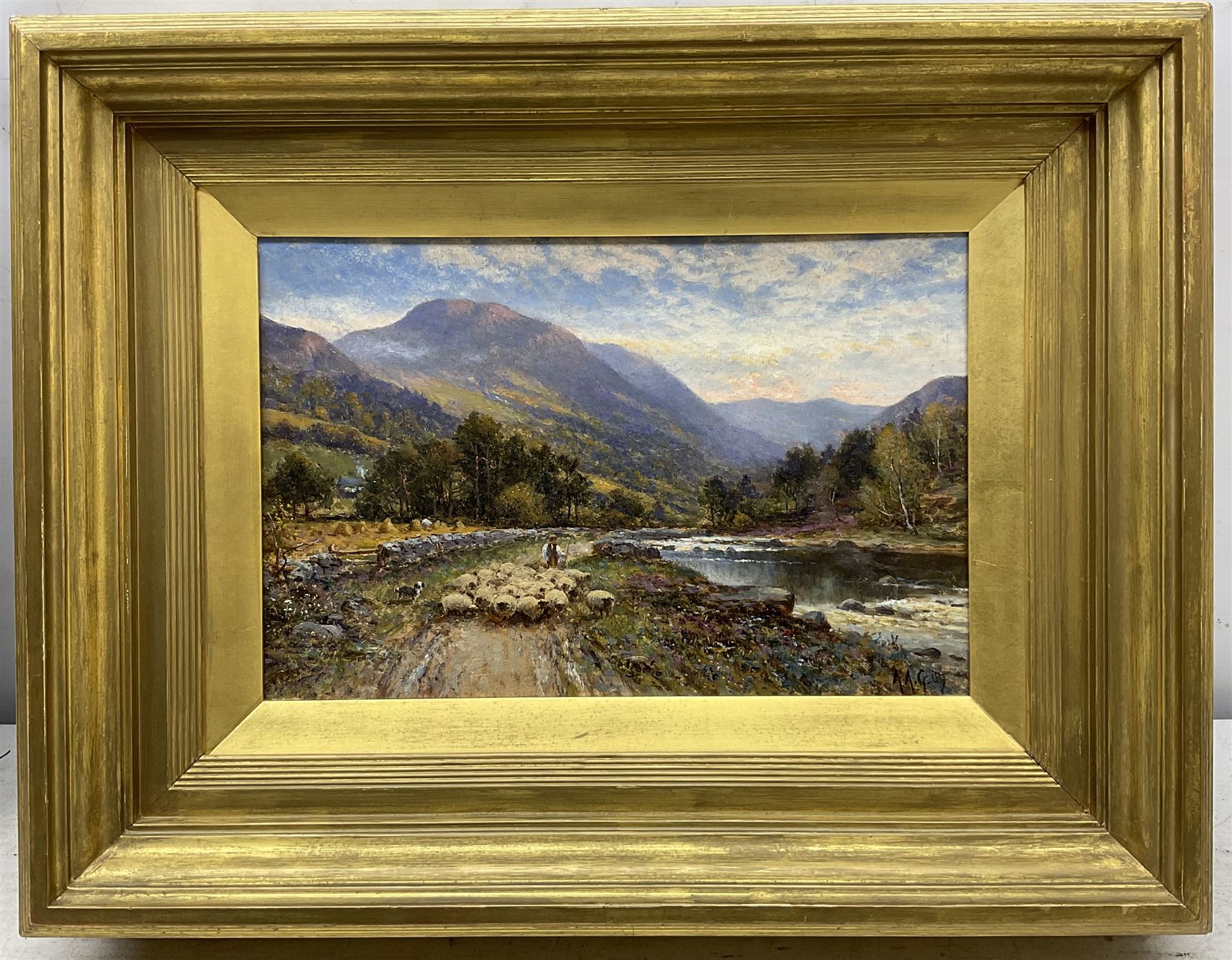 Alfred Augustus Glendening Snr. (British 1840-1921): Cattle and Sheep beside the River Dee, pair oils on board and canvas signed with monograms and dated '09, 19cm x 29cm (2)
Provenance: with original hand written letter of provenance from Uncle Bob (R W Cameron, Tailor of Queen's Road, London) gifting the pictures to his niece Diddy for her 21st Birthday dated March 1st 1910