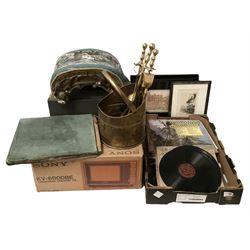 Beadwork footstool, brass bucket and part companion set, framed prints, quantity of records and a Eumig mark S projector in case, together with a Sony Trinitron colour portable TV KV-6000BE