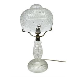 Waterford style cut crystal table lamp with mushroom shade and shaped central column upon a circular spreading foot, H39cm