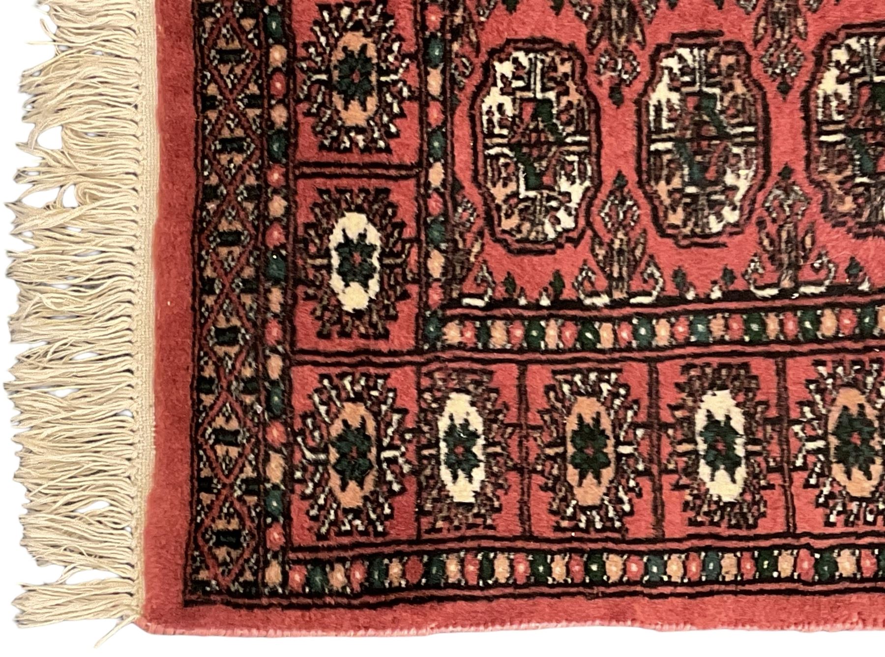 Small peach ground Bokhara rug, decorated with two rows of Gul motifs 