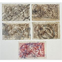 Great Britain King George V seahorse stamps, comprising four half crown and a five shillings, all used, all previously mounted